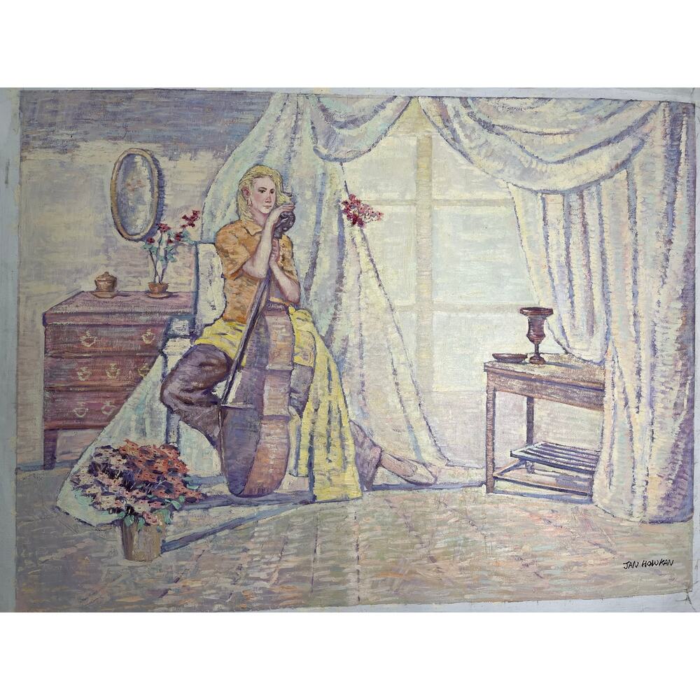 “Violoncellist” Original Signed Canvas Painting Jan Howkan